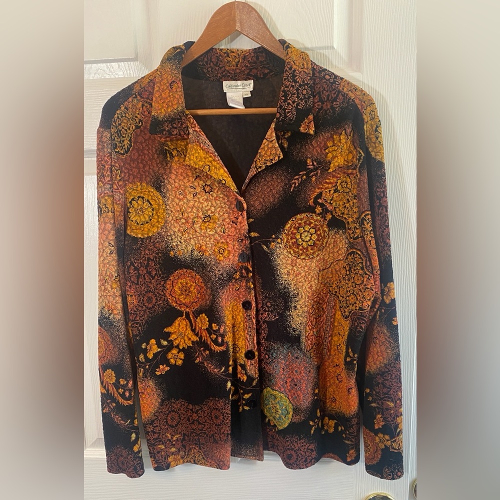 XL Coldwater Creek Black Floral Button-up Shirt Gold and Brown Paisley horse